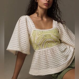 NWT Anthropologie Sarah Hann Flutter-Sleeve Crochet Top 3x